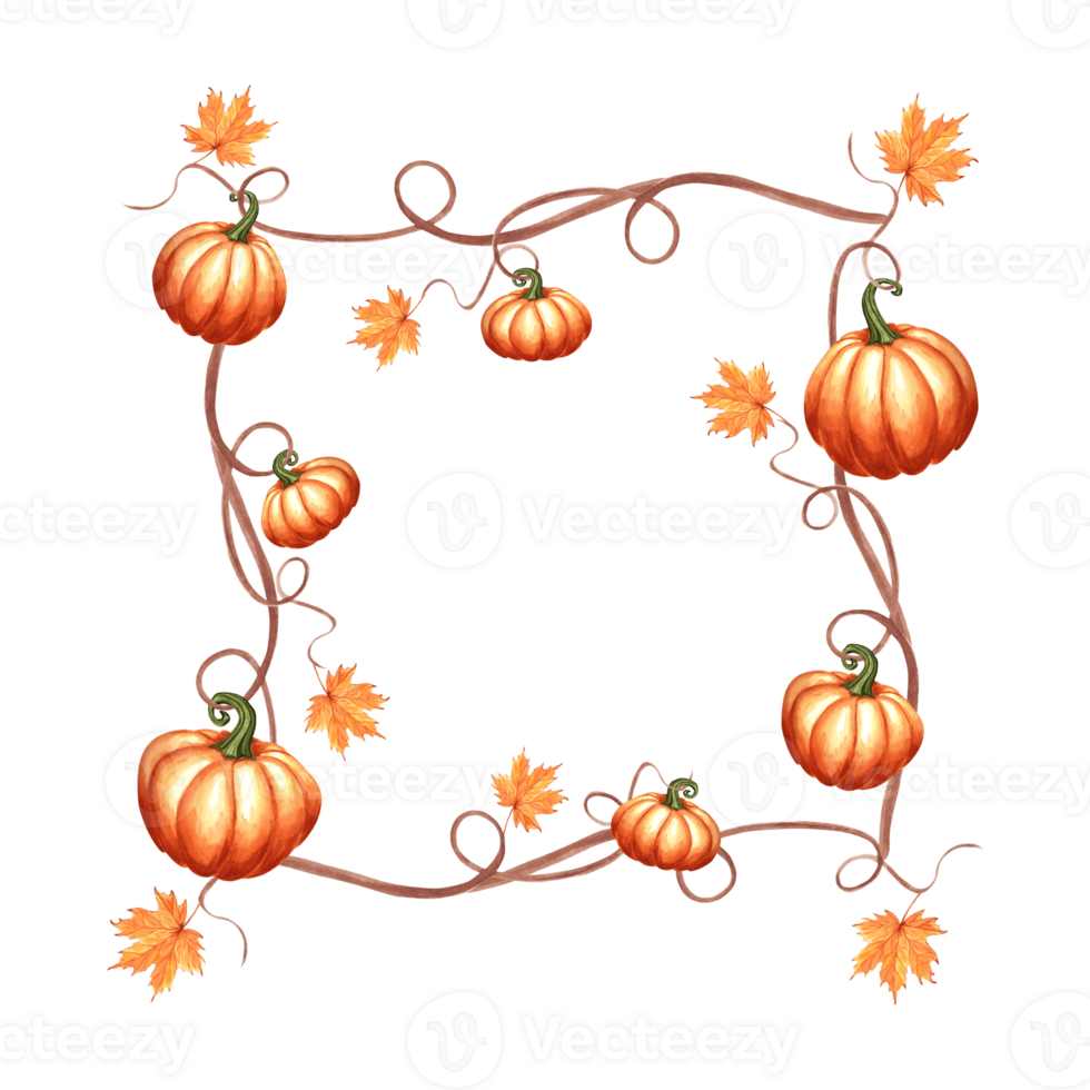 Autumn pumpkins with maple leaves and twigs. Fall frame square for Harvest or Halloween. Hand drawn watercolor illustration isolated. Template with copy space for card, Thanksgiving, embroidery, sale. png
