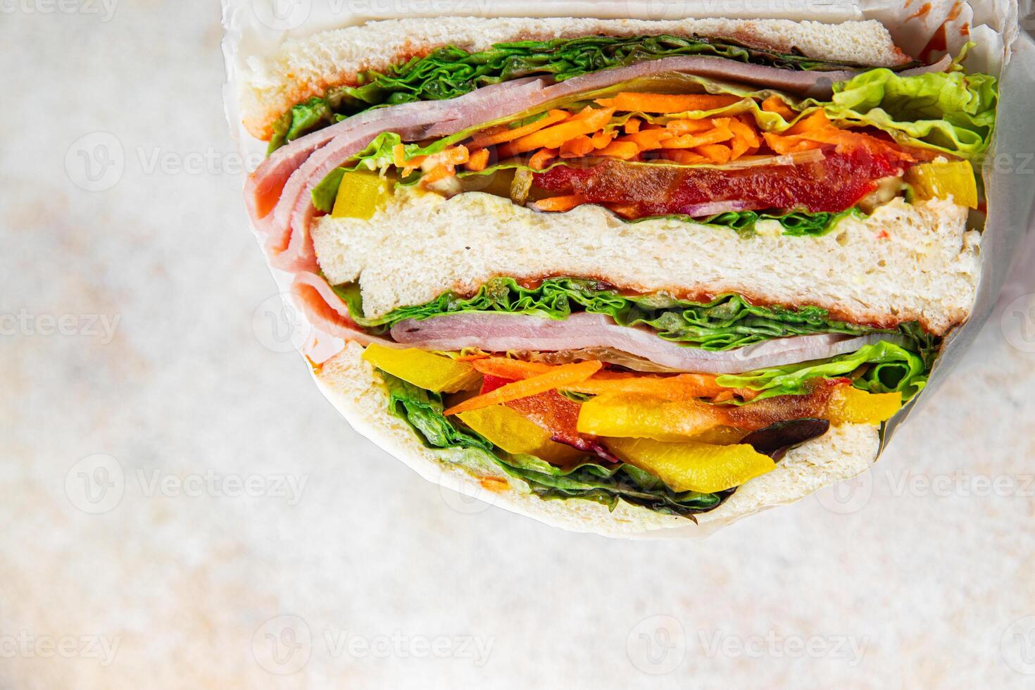 sandwich layers vegetables and ham meat spam fresh meal food snack on the table copy space food background rustic top view photo