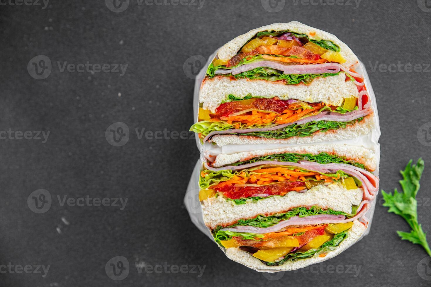 sandwich layers vegetables and ham meat spam fresh meal food snack on the table copy space food background rustic top view photo