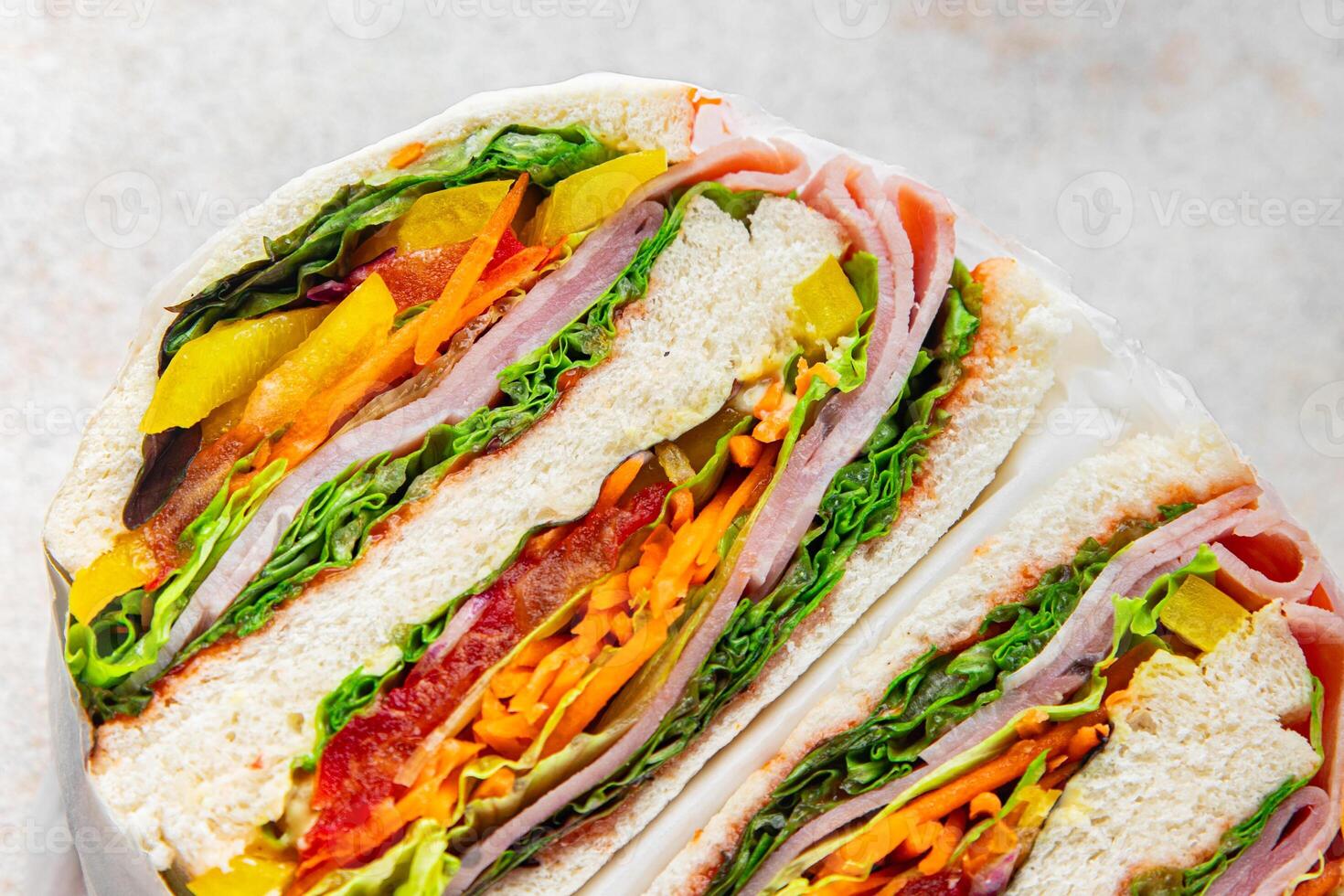 sandwich layers vegetables and ham meat spam fresh meal food snack on the table copy space food background rustic top view photo