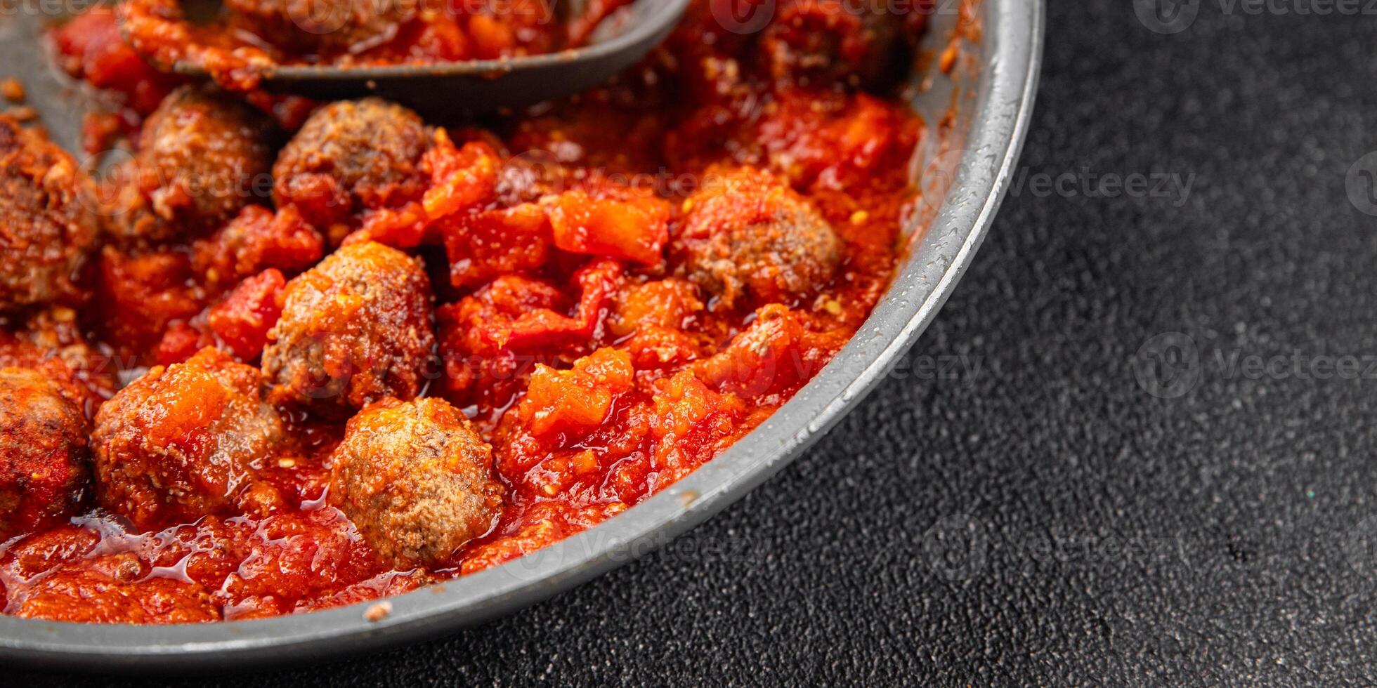 meatballs tomato sauce meat fresh meal food snack on the table copy space foodbackground rustic top view photo