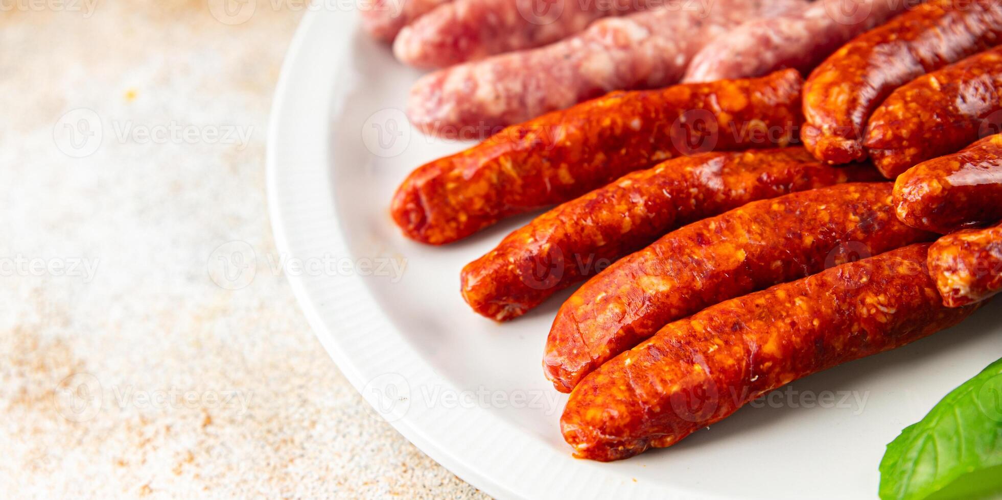 raw sausages beef, pork, chicken, lamb, dish fresh delicious gourmet food background on the table rustic food top view copy space photo