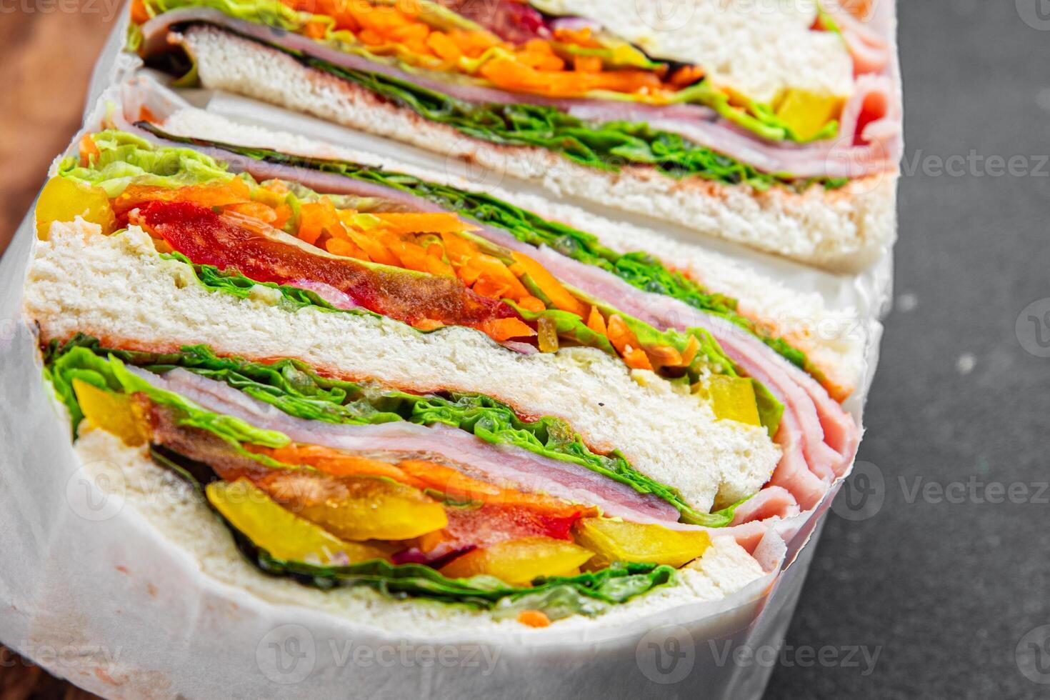 sandwich layers vegetables and ham meat spam fresh meal food snack on the table copy space food background rustic top view photo