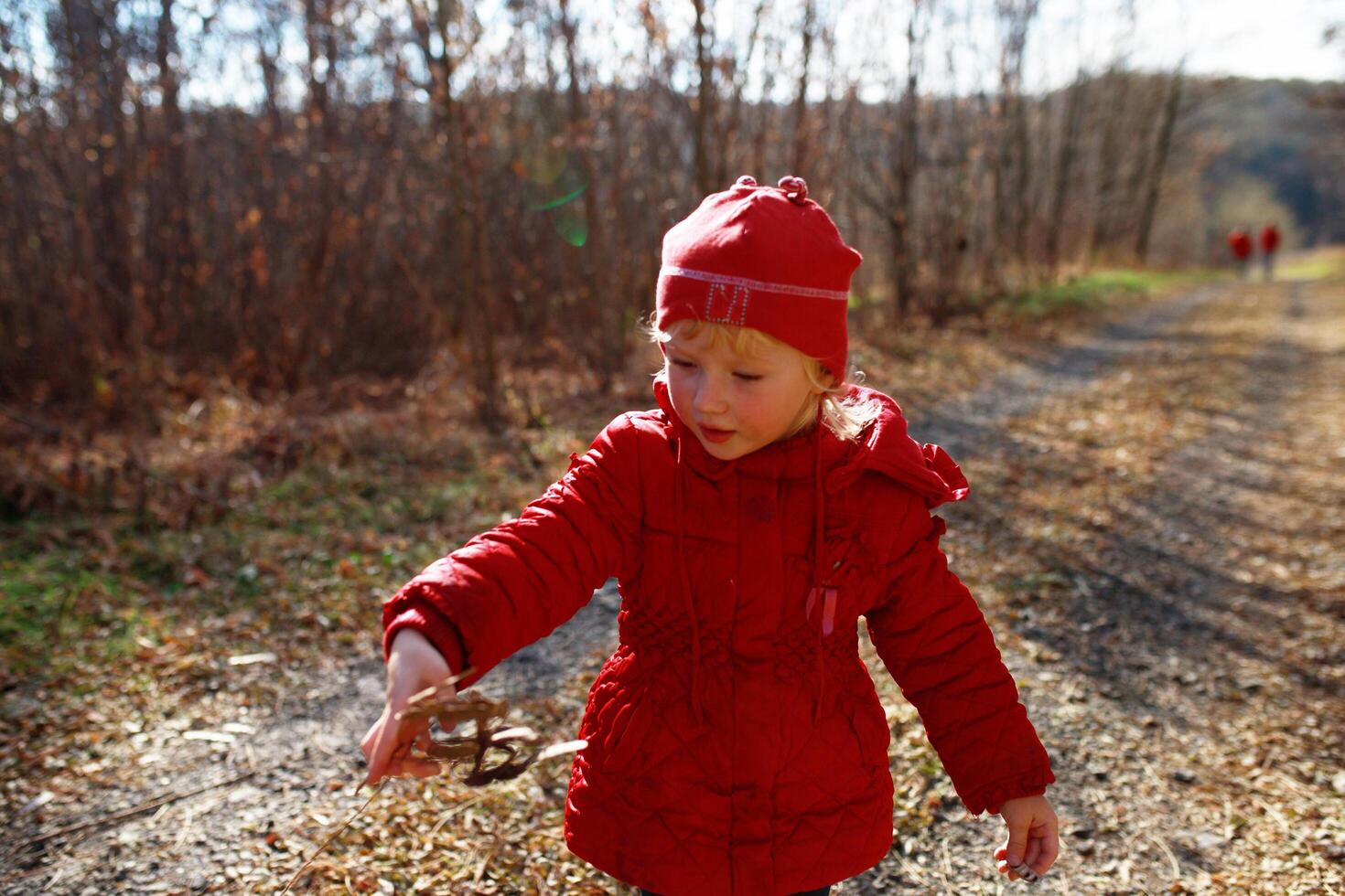 A child in a red coat exploring a wooded path on a sunny day, discovering nature and enjoying outdoor adventures photo