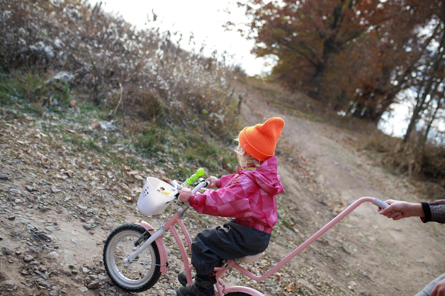 A child joyfully riding a pink tricycle along a rocky path in the countryside during a chilly autumn day photo