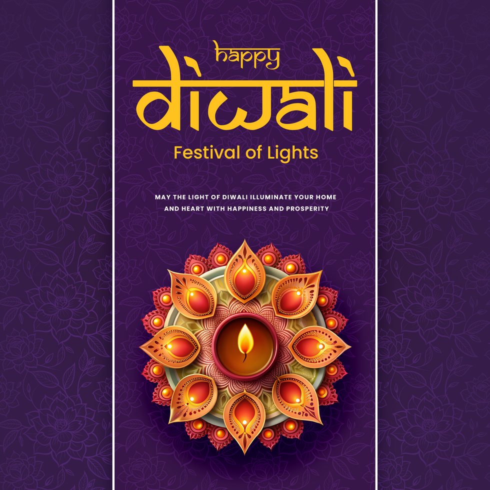 Diwali festival of lights design with colorful lights and flower design on purple background psd