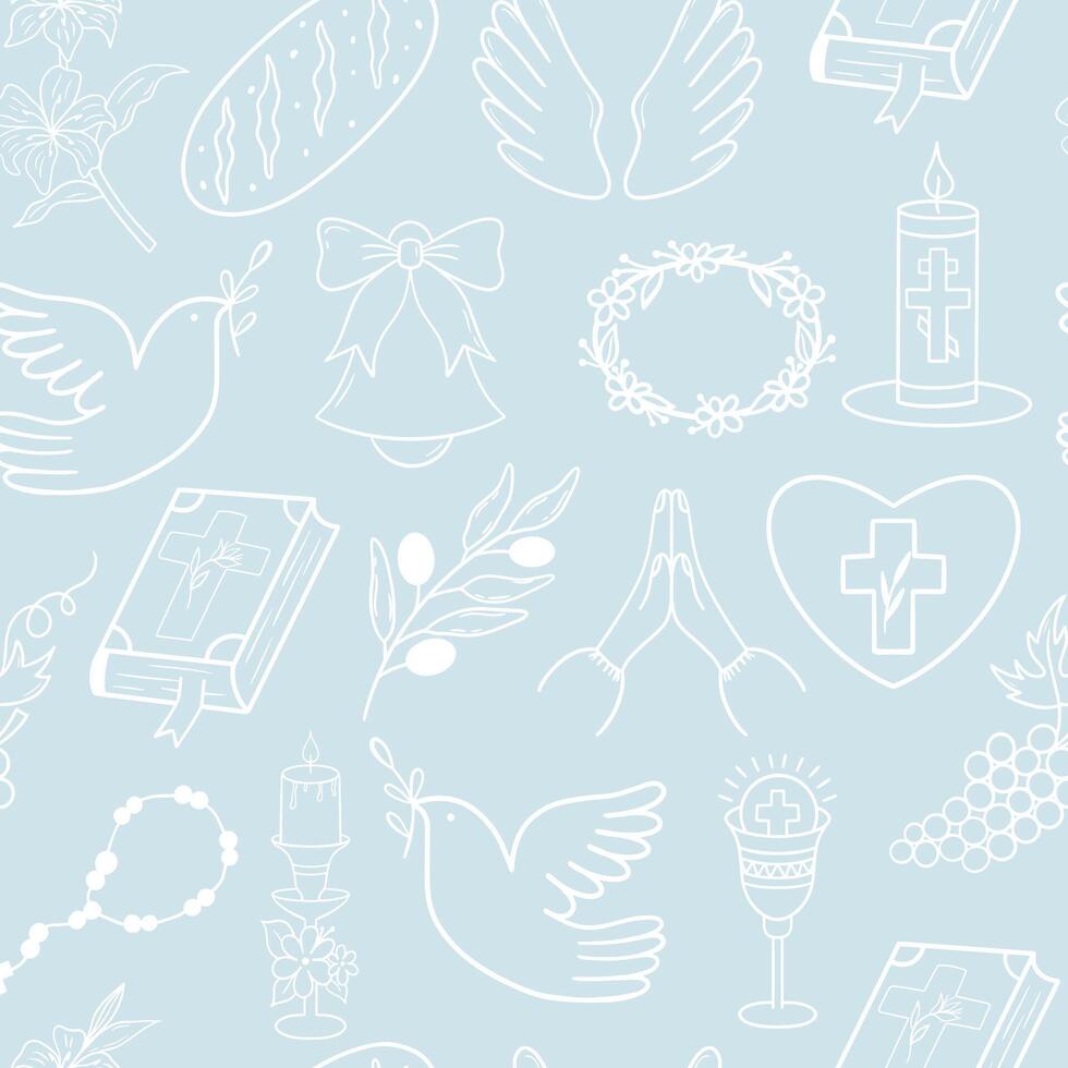 Seamless First Communion pattern with religious symbols. Perfect for backgrounds, packaging, or fabric designs related to spiritual occasions. vector