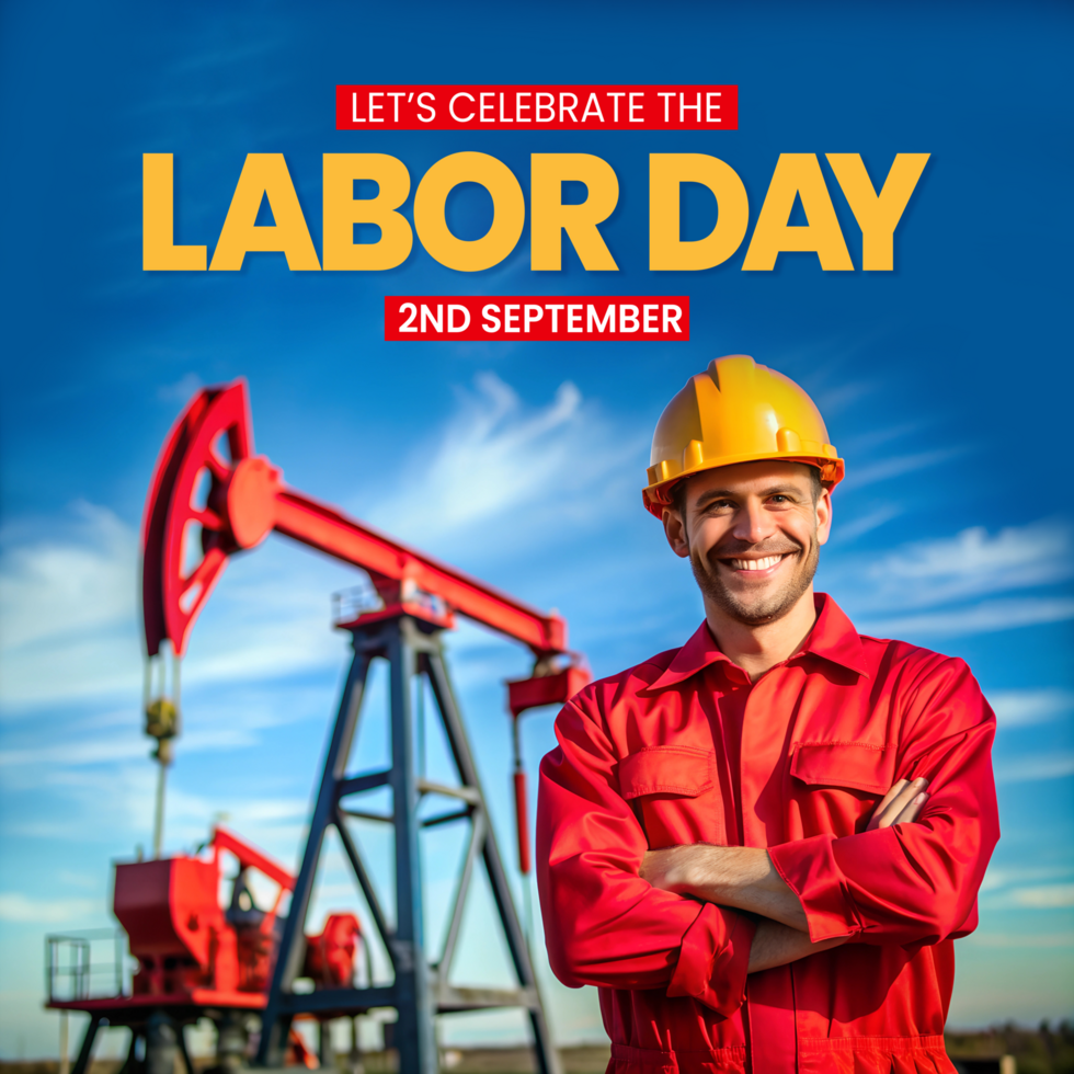 Labor day poster with smiling man in red hard hat and red shirt standing in front of oil psd
