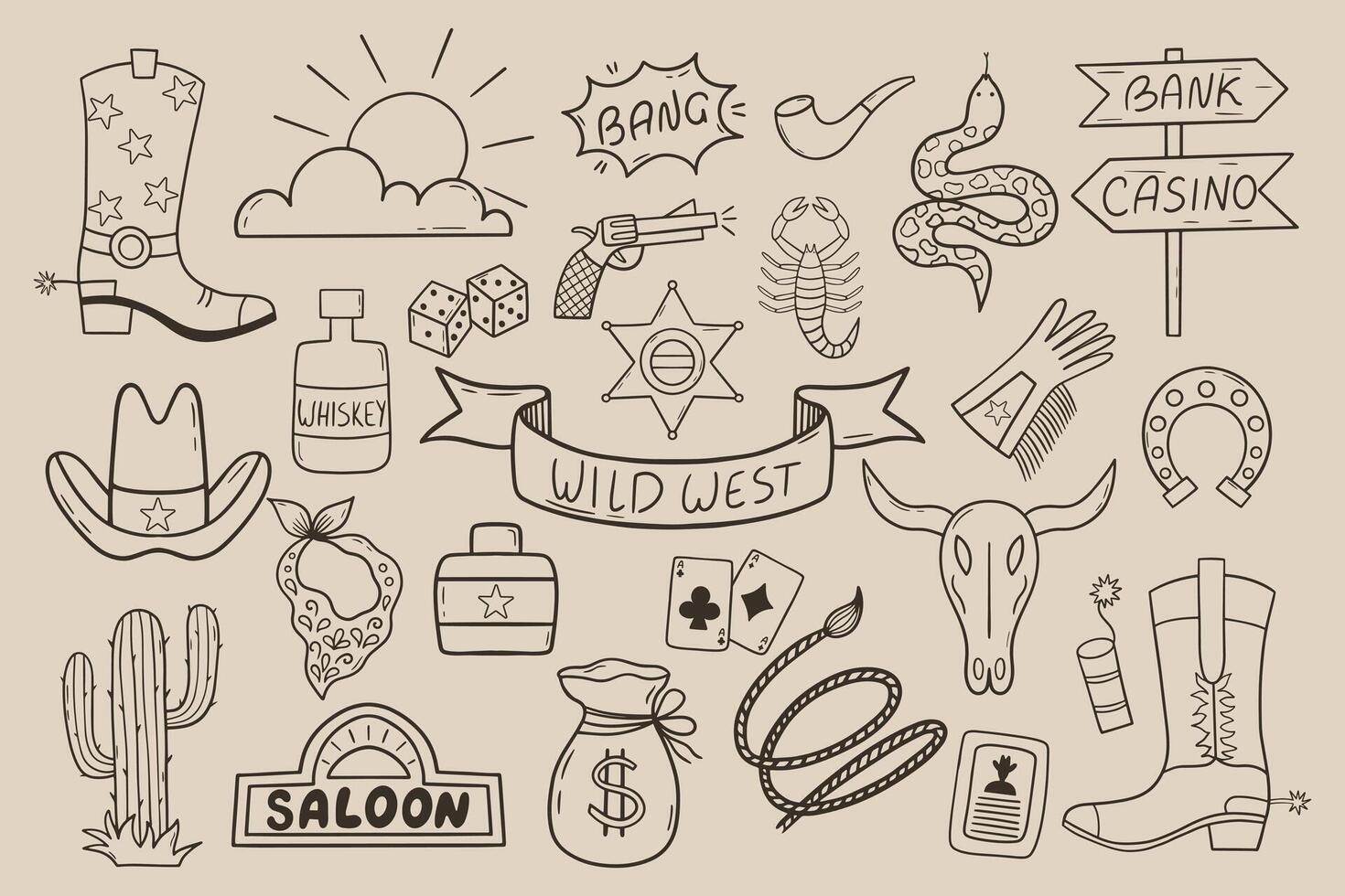 Wild West illustration set with cactus, cowboy hat, cow skull, game cards, scorpio and etc. vector
