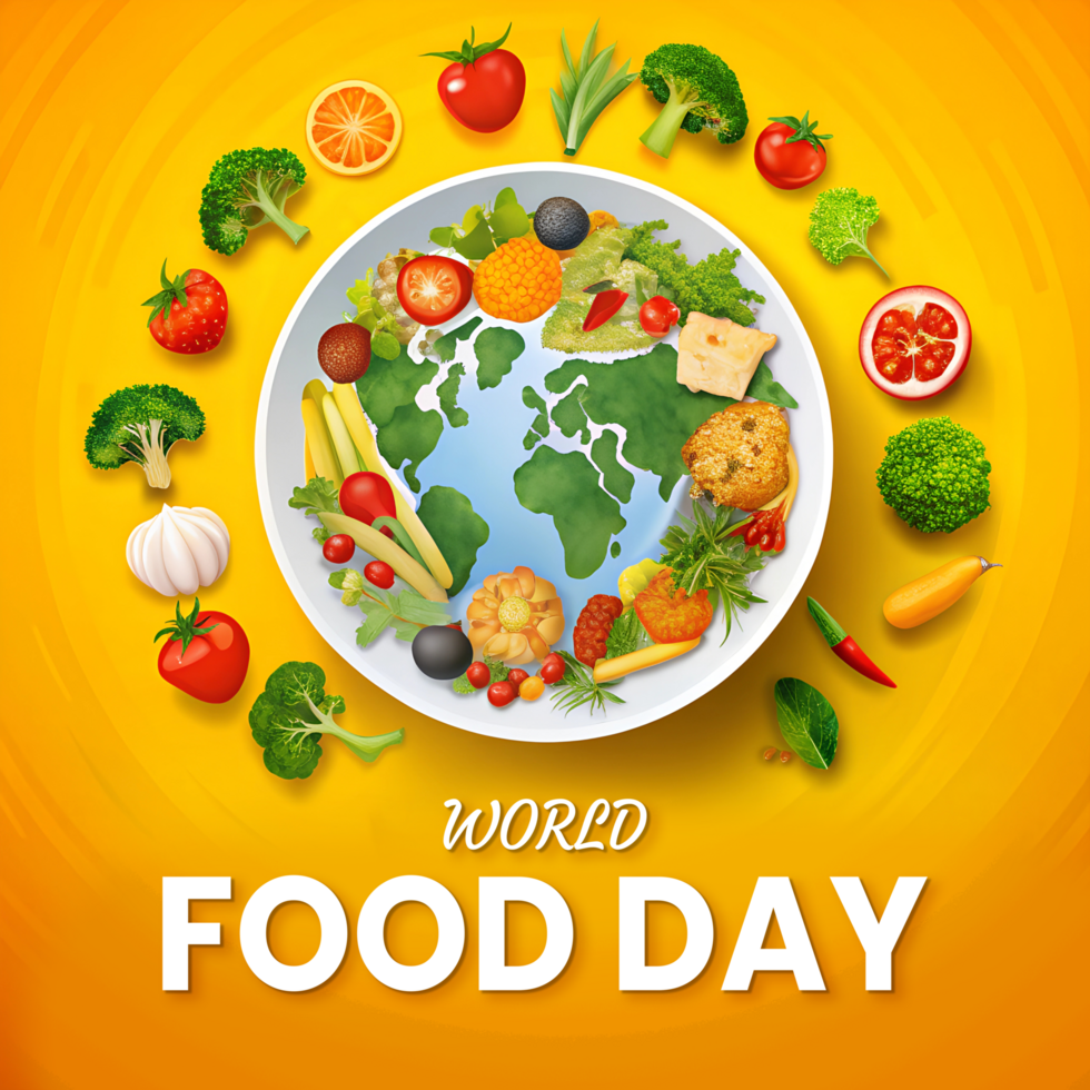 World food day concept with vegetables and fruits on yellow background psd