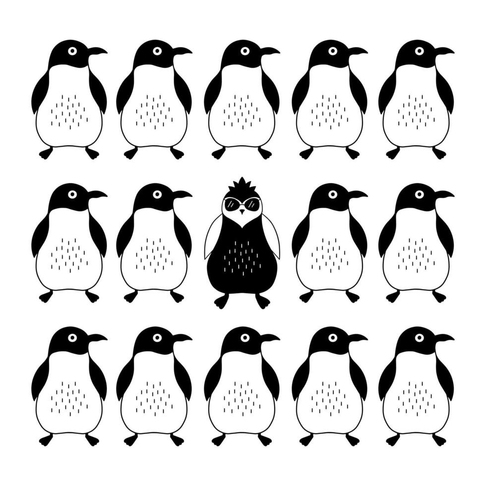 Hand-drawn doodle illustration of a group of penguins, all identical except for one with a unique silhouette. vector