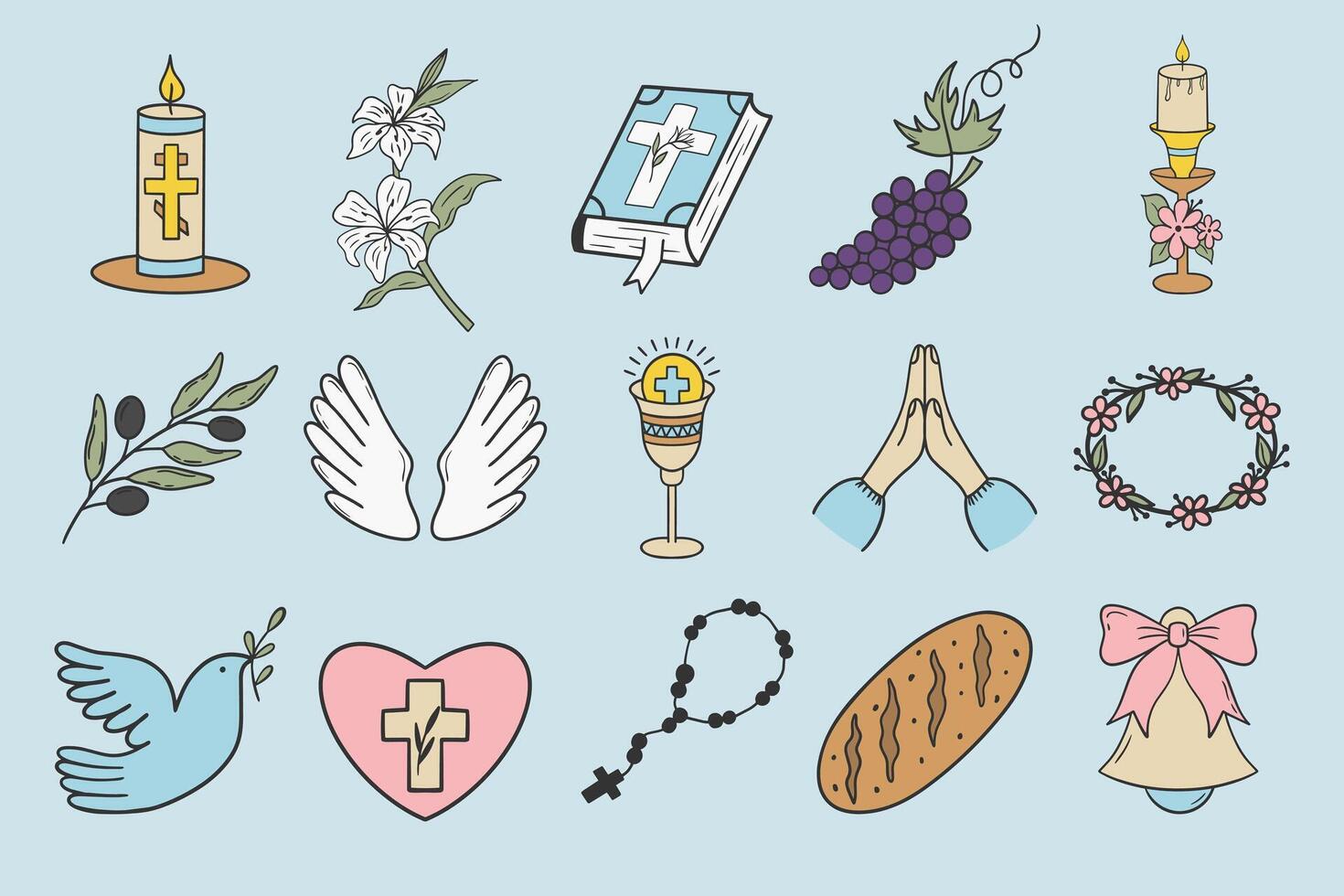 Greeting card with a blue heart filled with First Communion icons like a chalice, cross, and candle. Perfect for invitations, celebrations, or religious events. vector