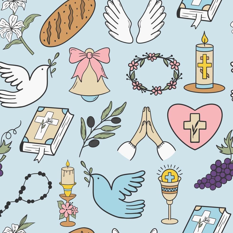 Seamless First Communion pattern with religious symbols. Perfect for backgrounds, packaging, or fabric designs related to spiritual occasions. vector