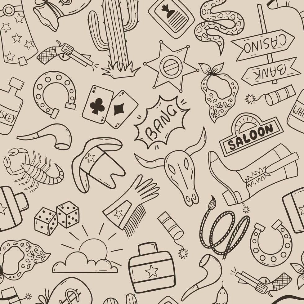 Wild West seamless pattern with cactus, cowboy hat, cow skull, game cards, scorpio and etc. vector