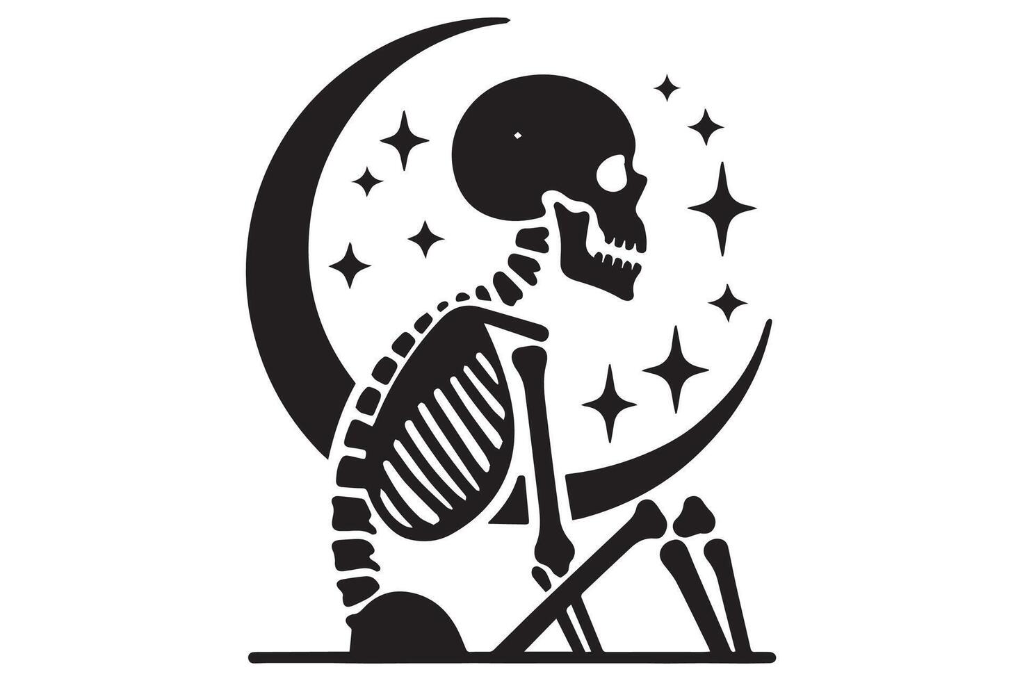A skeleton sitting on the moon with stars vector