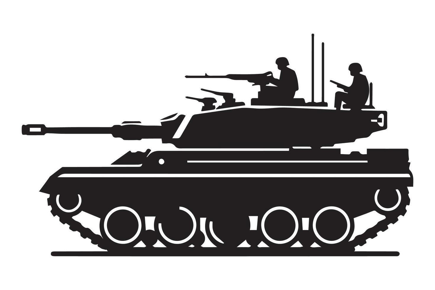 A black and white image of a tank with two men on it vector