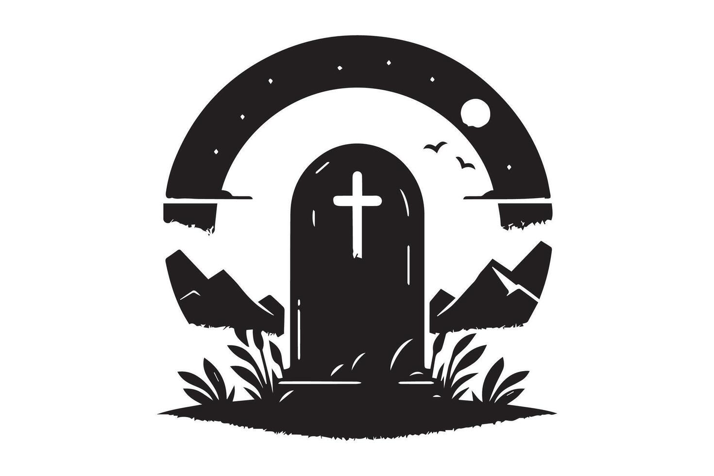 A black and white illustration of a tombstone with a cross vector