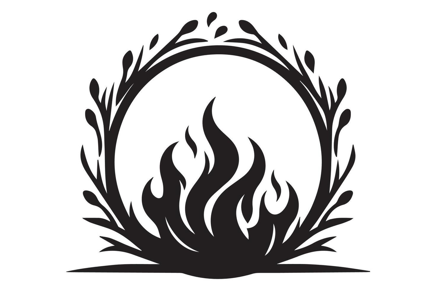 A black and white logo of a fire with leaves vector