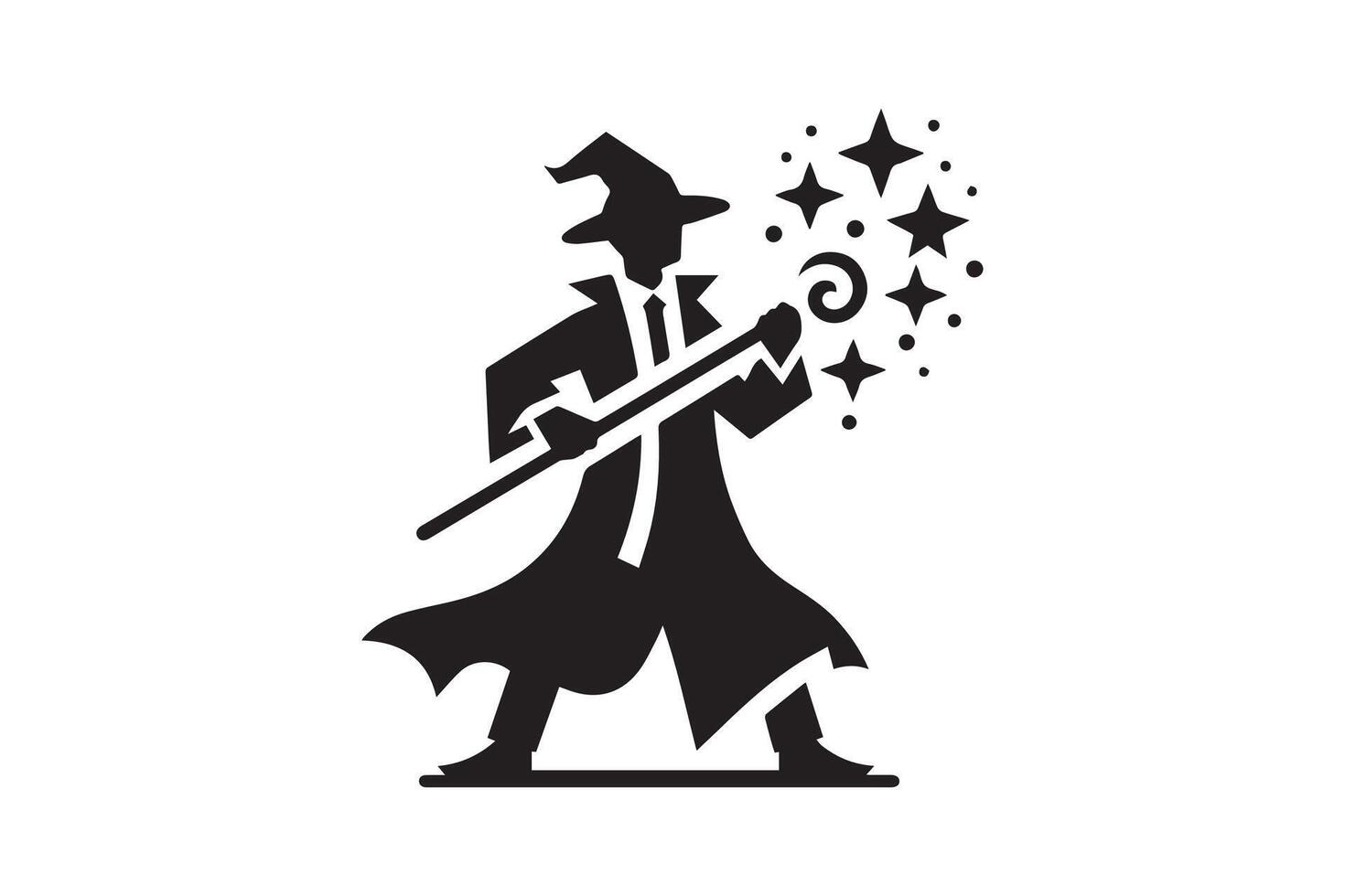 A black and white illustration of a wizard holding a wand vector