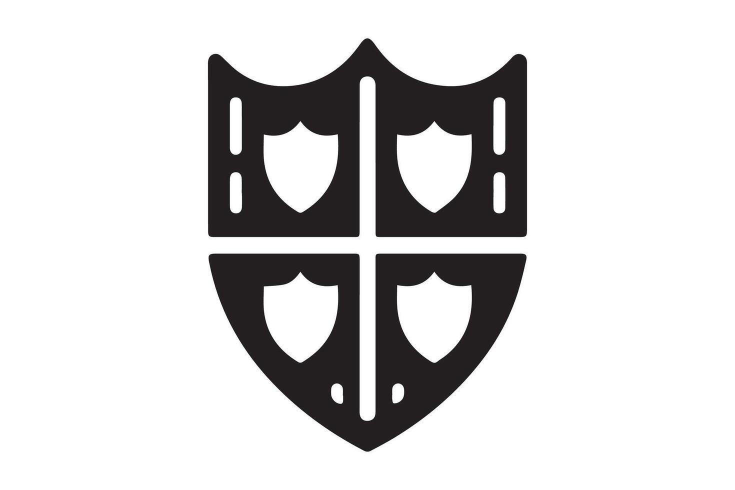 A black and white logo of a shield with two swords vector