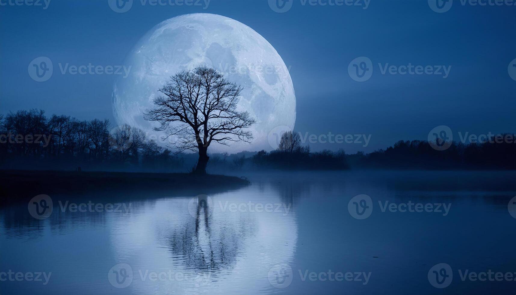 A tree is reflected in the water under a full moon photo