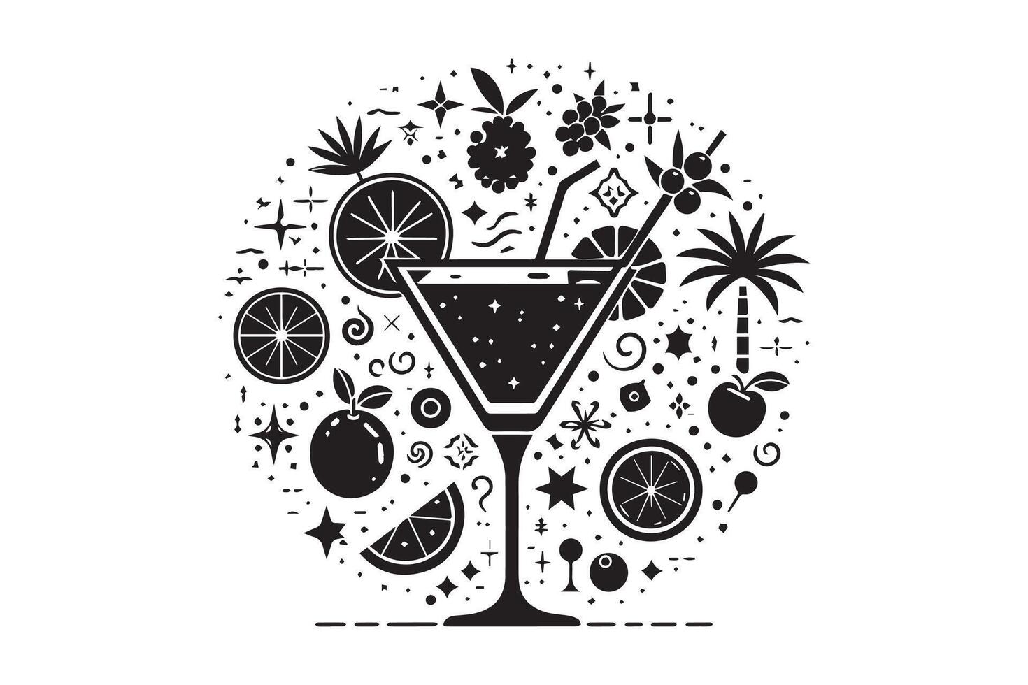 A black and white illustration of a cocktail with fruit and other items vector