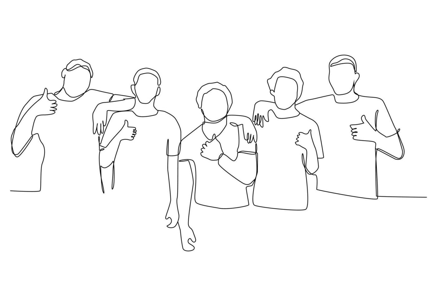 One line drawing of groups of happy college students giving thumbs up gesture after studying together at university library, Continuous line draw design vector