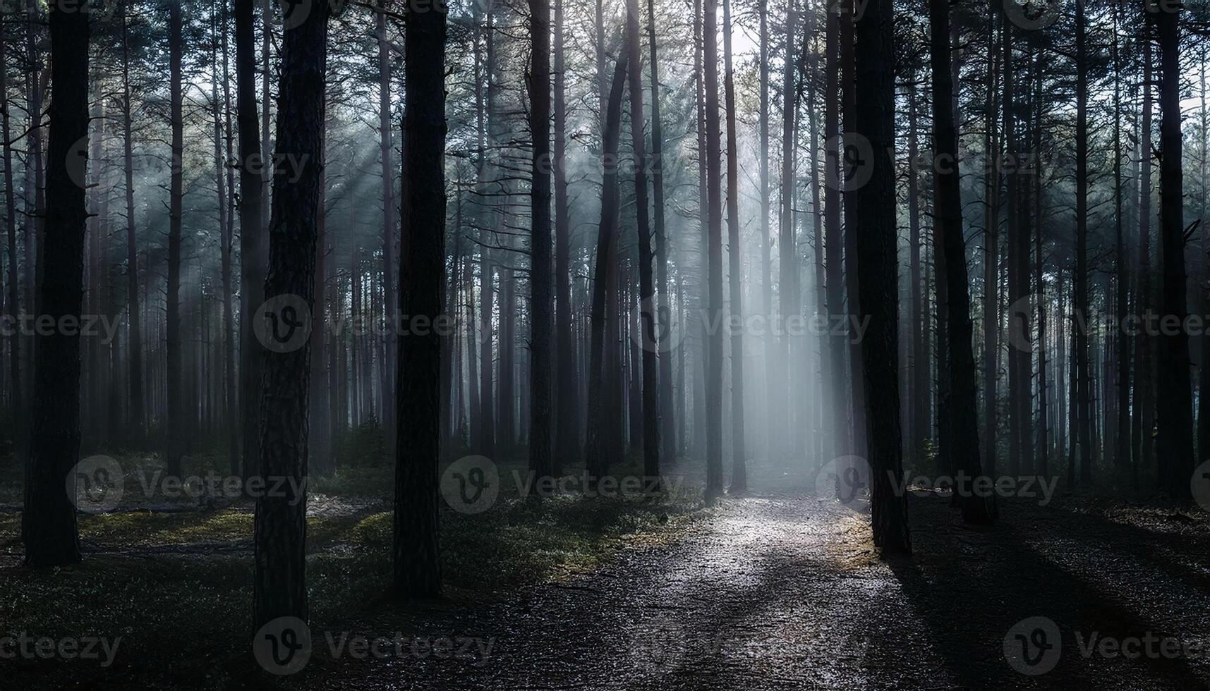 A path through a forest with sunbeams shining through the trees photo