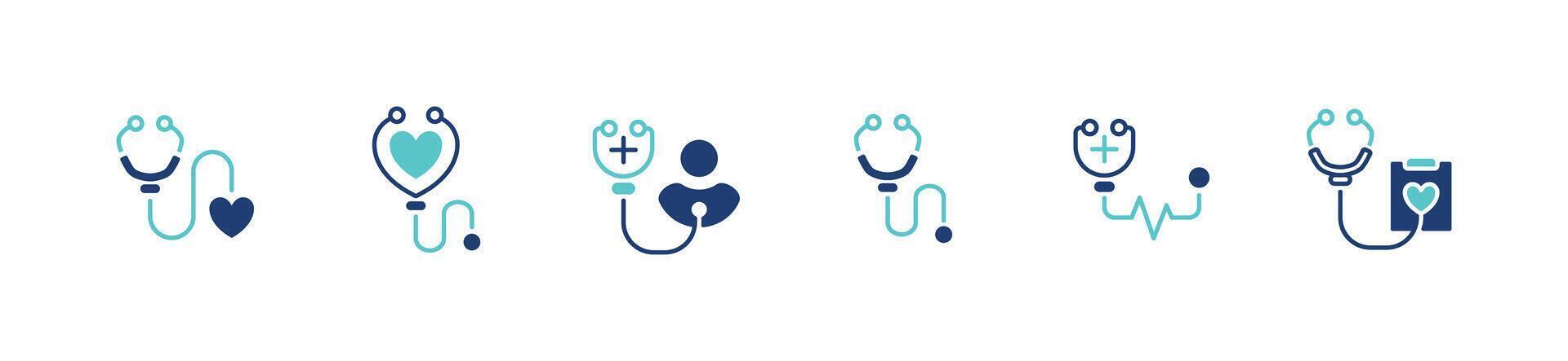 stethoscope icon set. medical doctor diagnosis tool illustration heartbeat cardiology check-up equipment symbol design vector