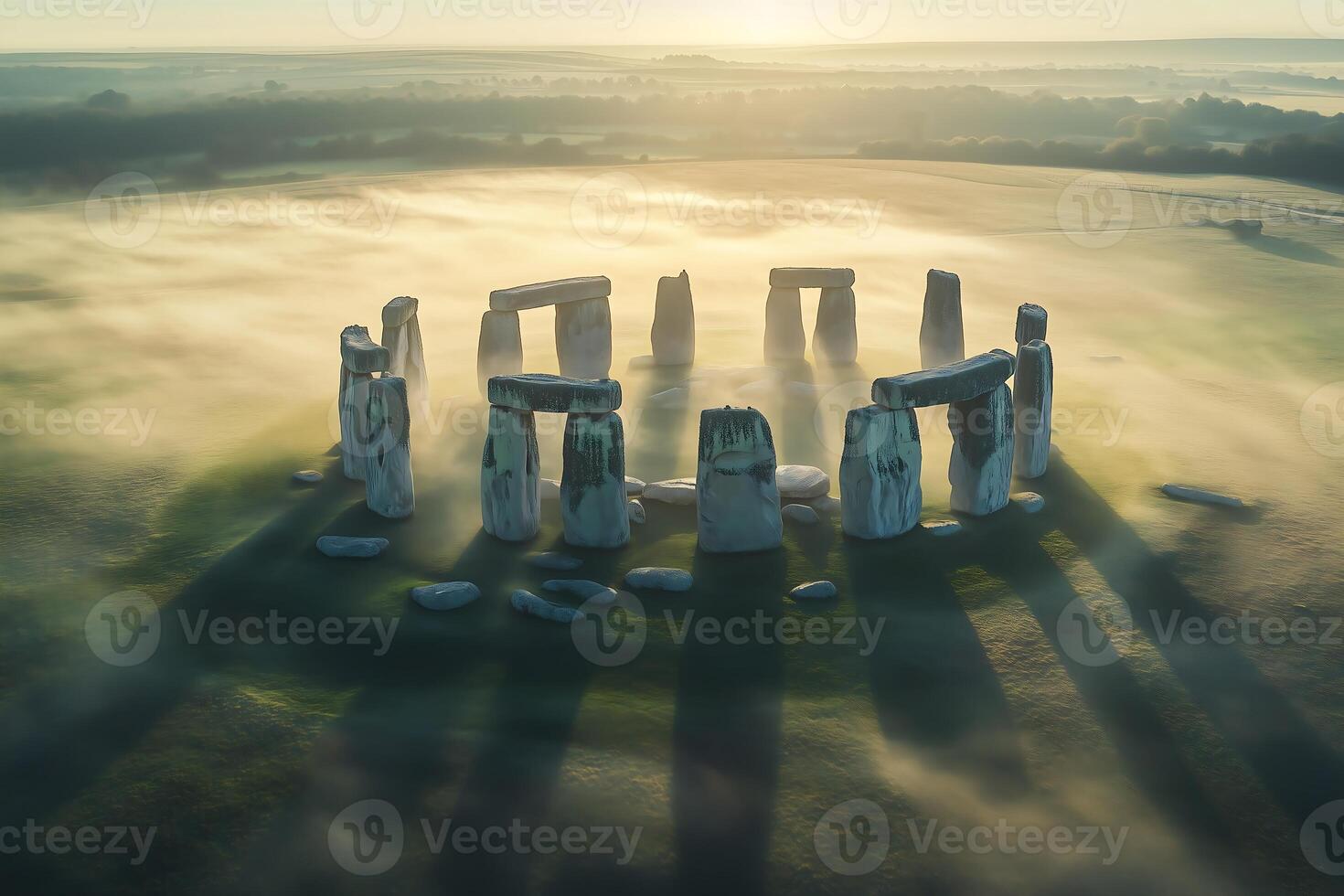 Stonehenge stands majestically amidst a shroud of morning mist photo