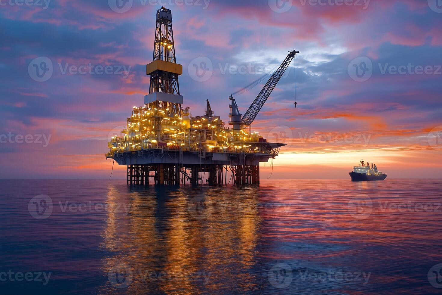 offshore oil rig stands illuminated against a vibrant sunset sky with a supply vessel approaching in the distance photo