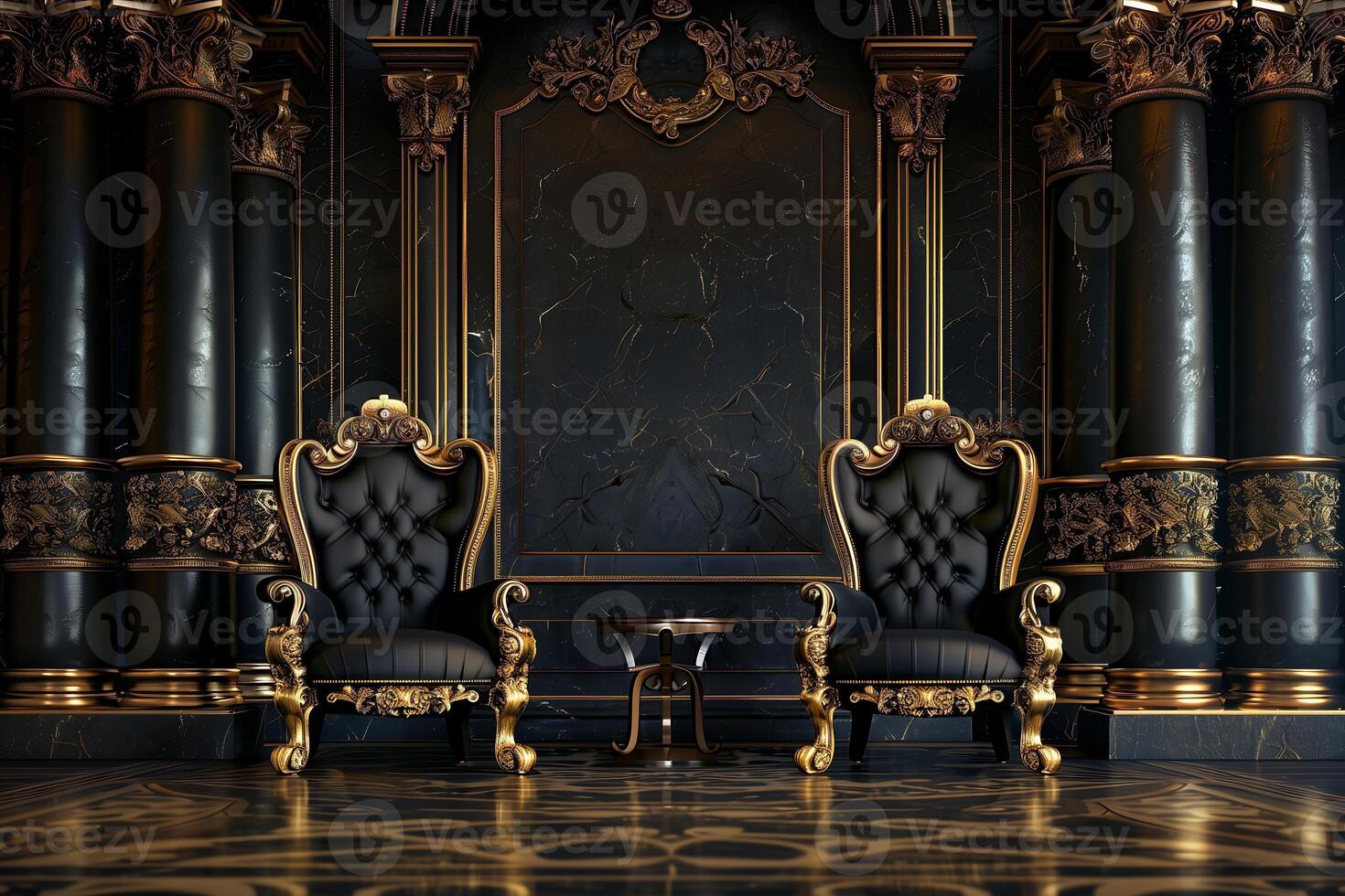 two ornate chairs situated within a grand black and gold interior photo