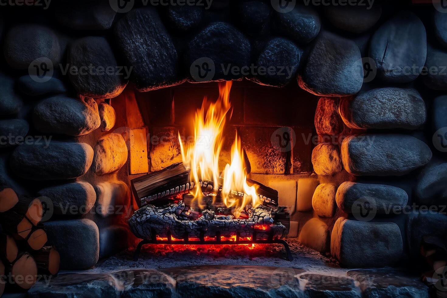 roaring fire in a stone fireplace photo