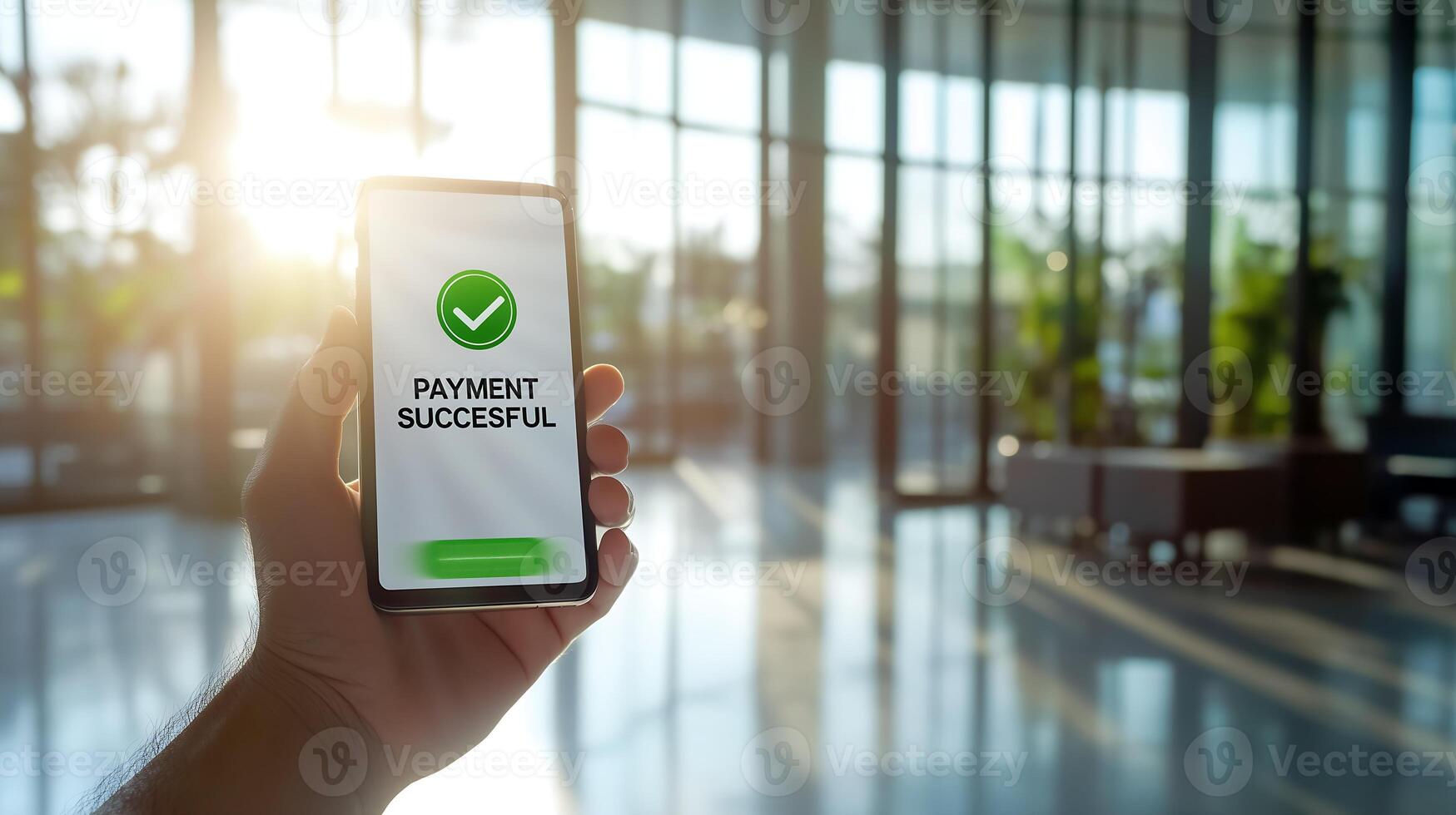 hand holding a smartphone displaying a message confirming a successful payment photo