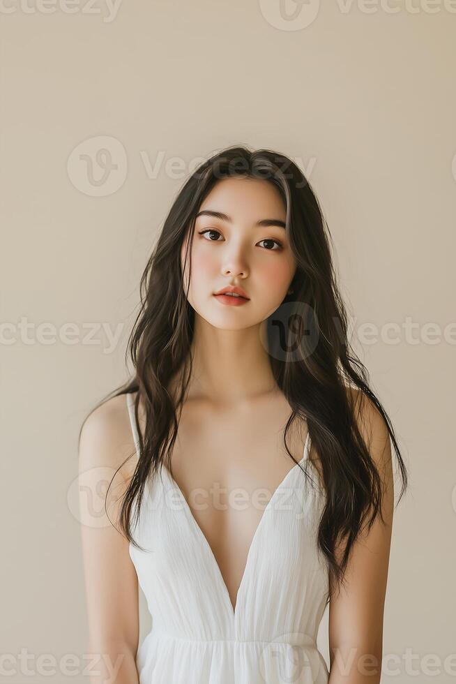 woman in the image is dressed in a white sleeveless dress photo