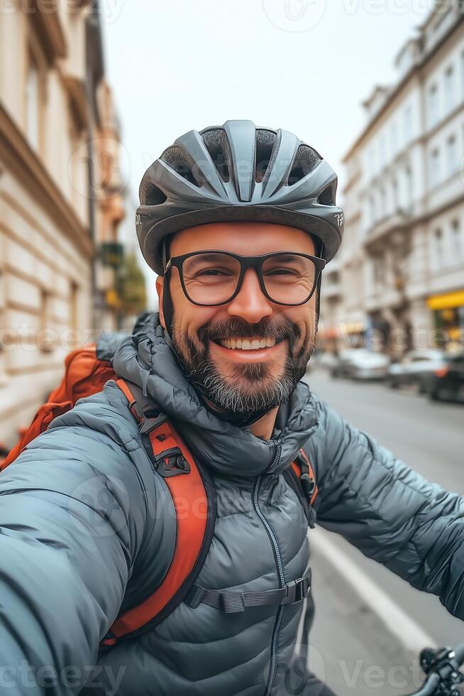 man wearing a helmet and a jacket with a backpack smiles as he rides his bicycle in the city photo