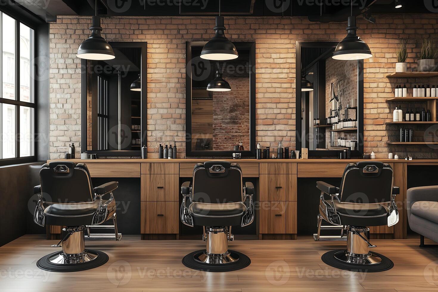 barber shop with three chairs wood paneling and black pendant lights photo