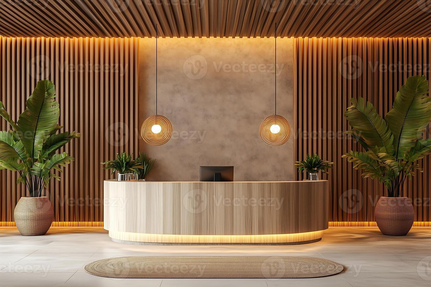 minimalist reception area with a wooden counter warm lighting and lush greenery photo