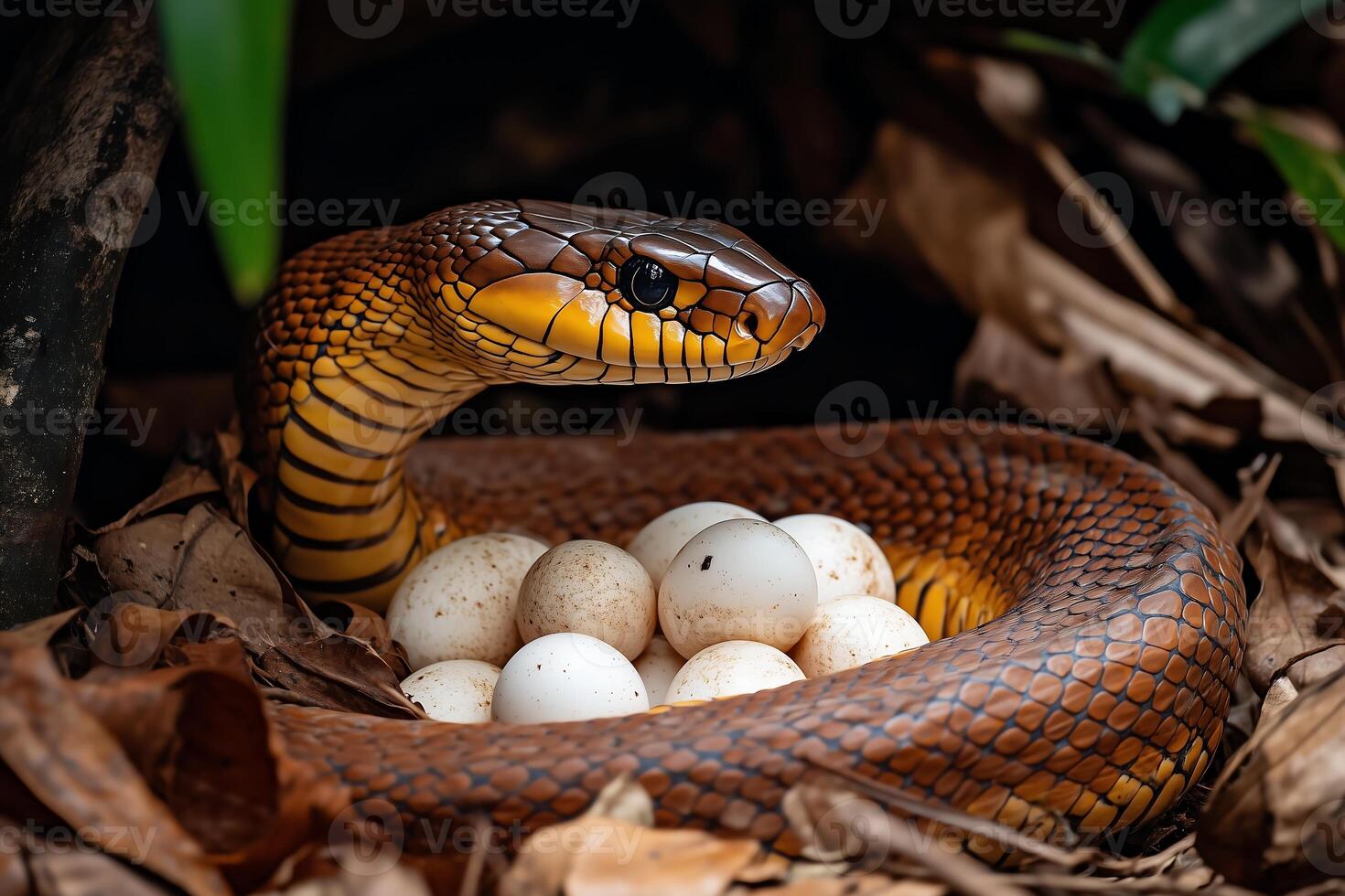 snake its body curled around a clutch of eggs nestled within a bed of fallen leaves photo