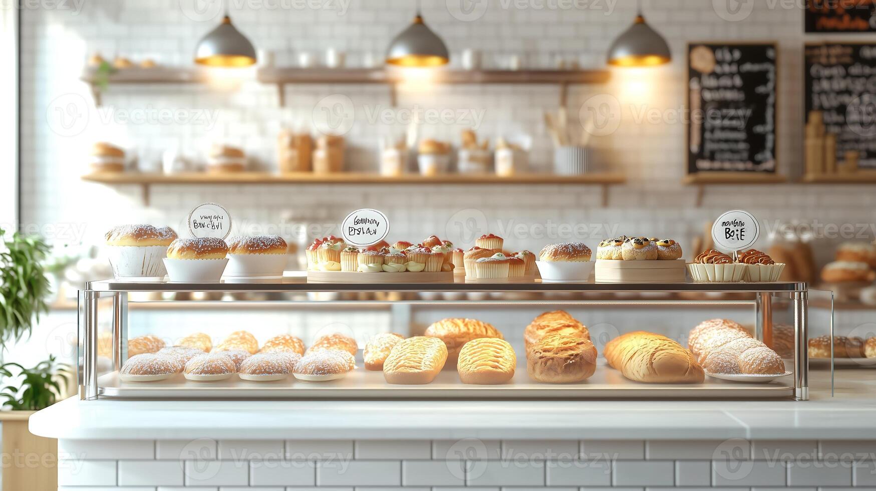 display case showcases a delectable array of freshly baked pastries photo