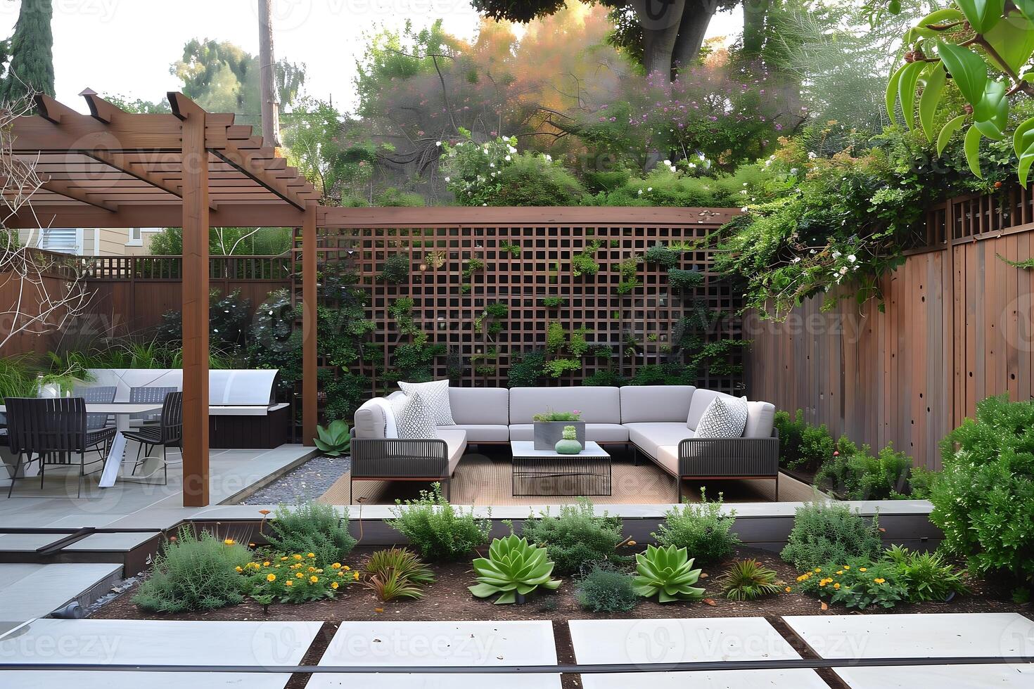 outdoor patio features a pergola a sectional sofa a dining set and various plants photo