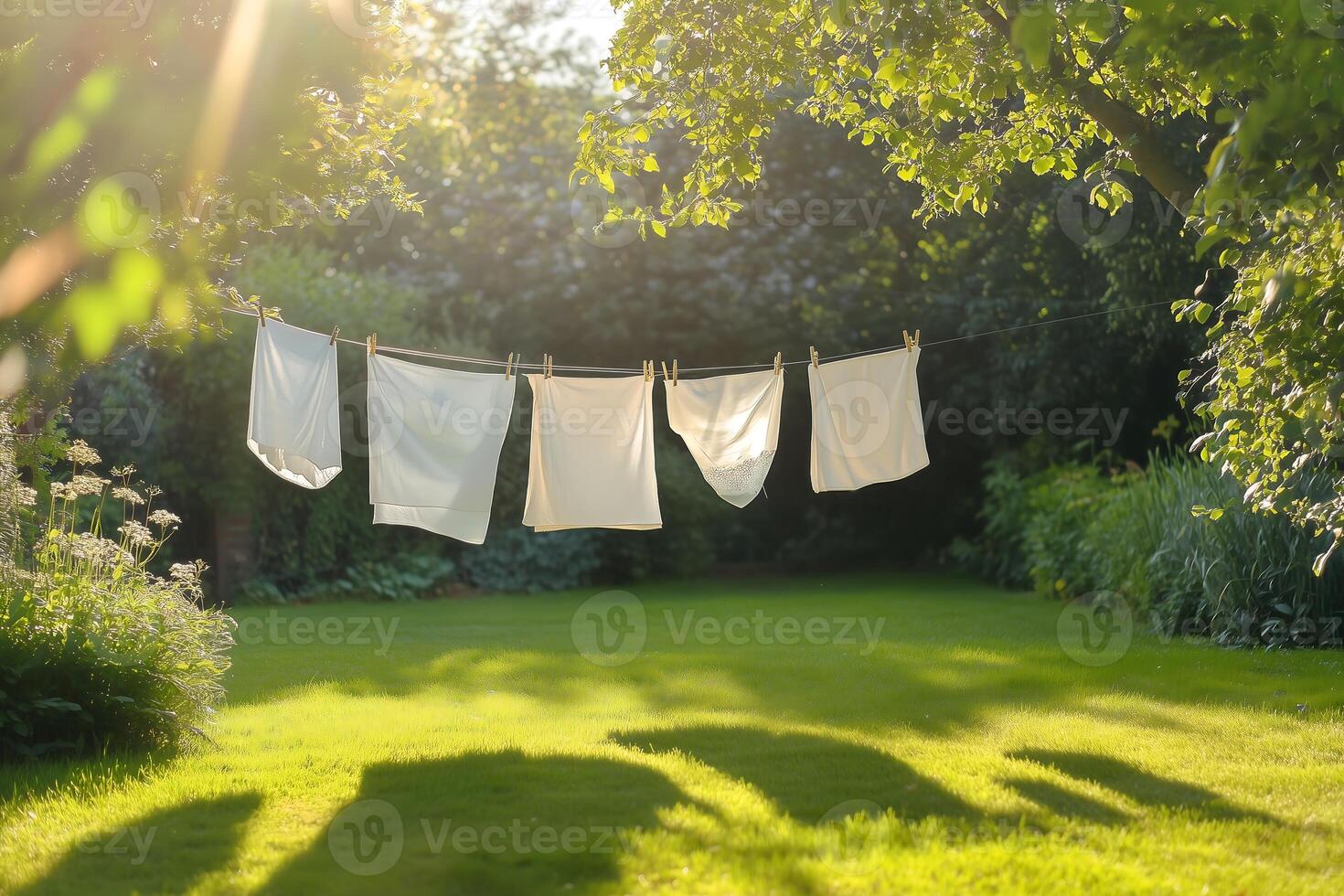 line of white linens drying in the sunlight on a clothesline in a lush garden photo
