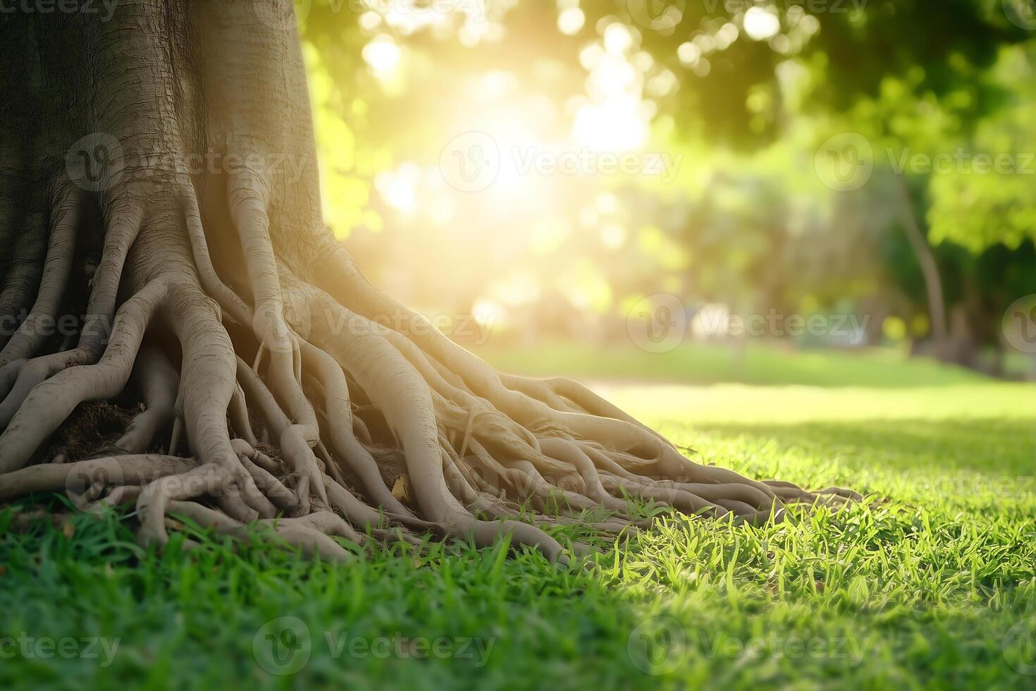 intricate root system of a tree extending from the trunk and anchoring it firmly in the ground photo