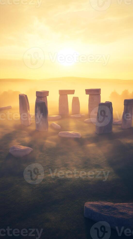 ancient stones of Stonehenge stand shrouded in mist as the sun photo