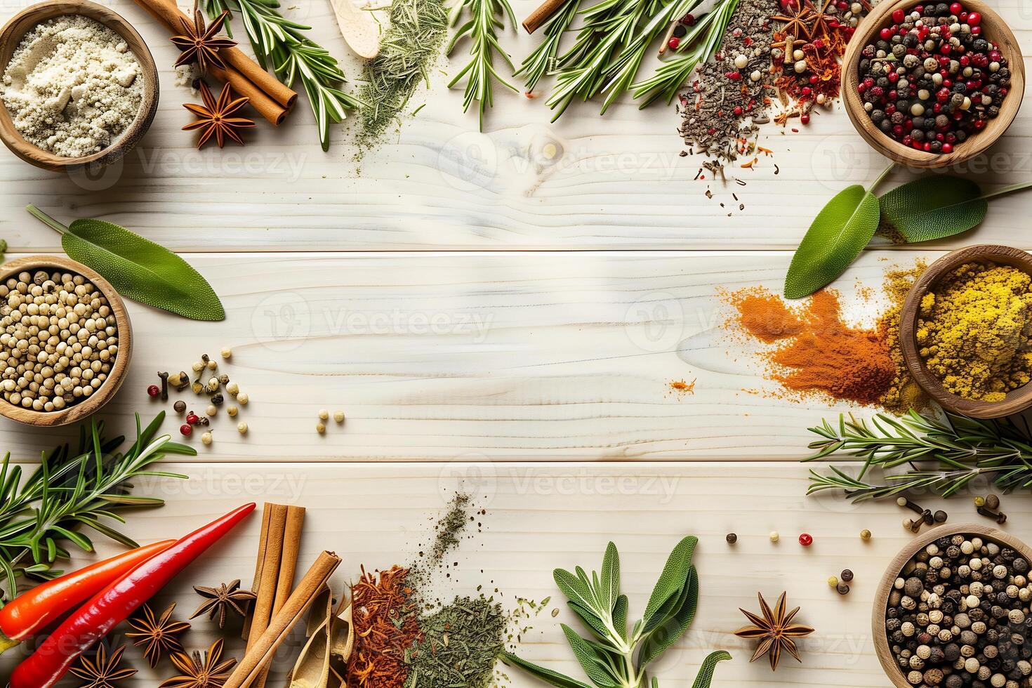 overhead view of assorted culinary spices and herbs arranged on a white wood surface photo