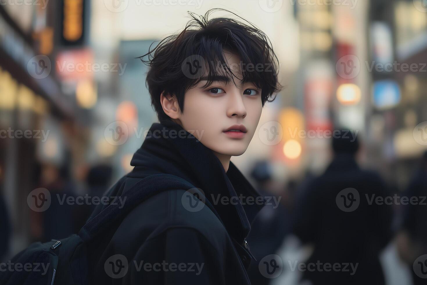 young man stands in a crowded street looking over his shoulder with a serious expression photo