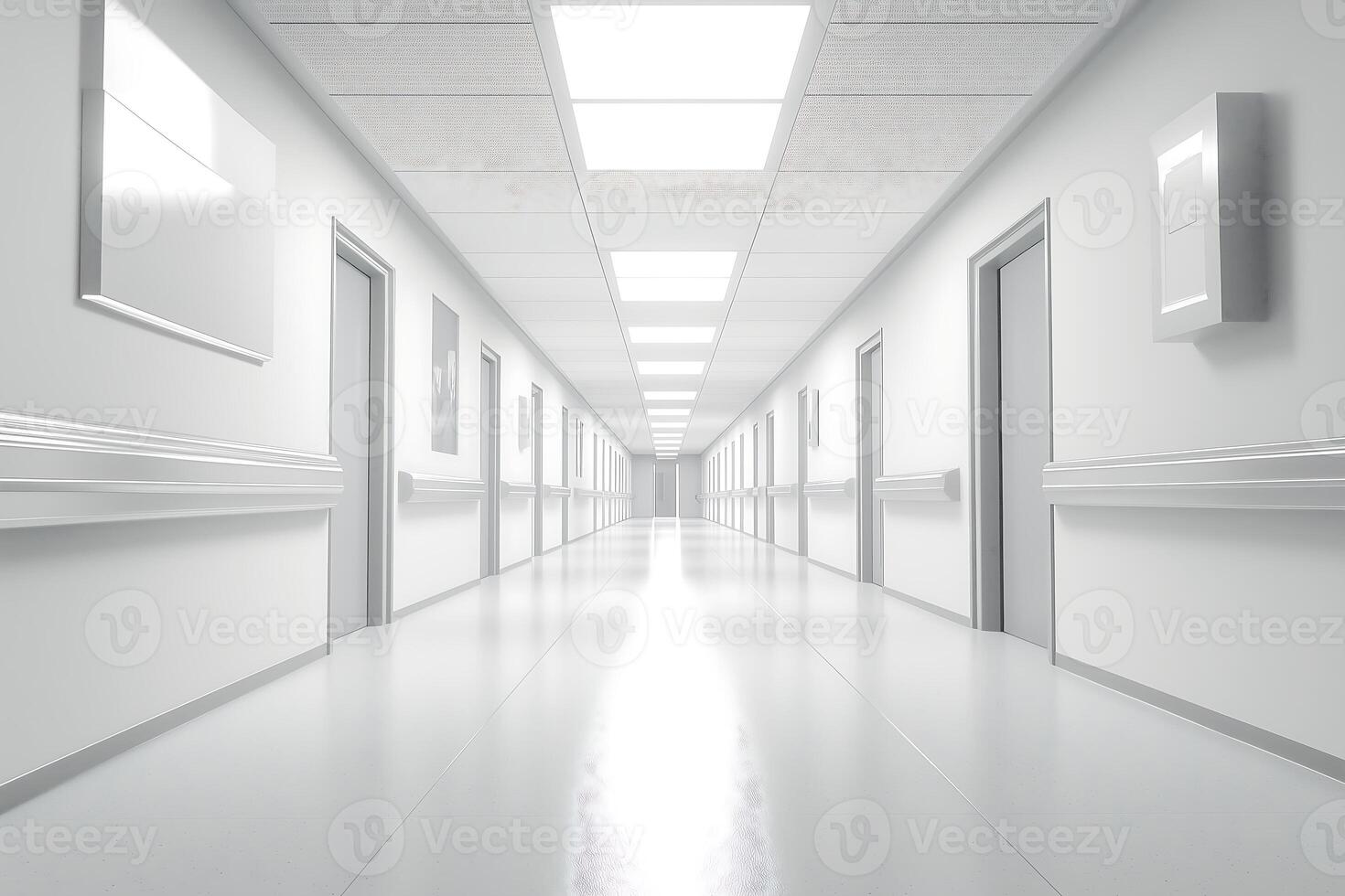 sterile white hallway with multiple doors each leading to a separate room photo