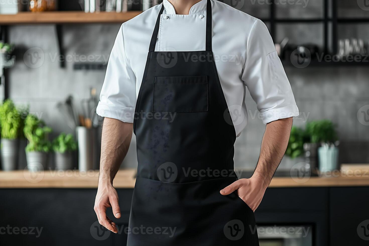chef stands confidently in the kitchen ready to prepare a culinary masterpiece photo