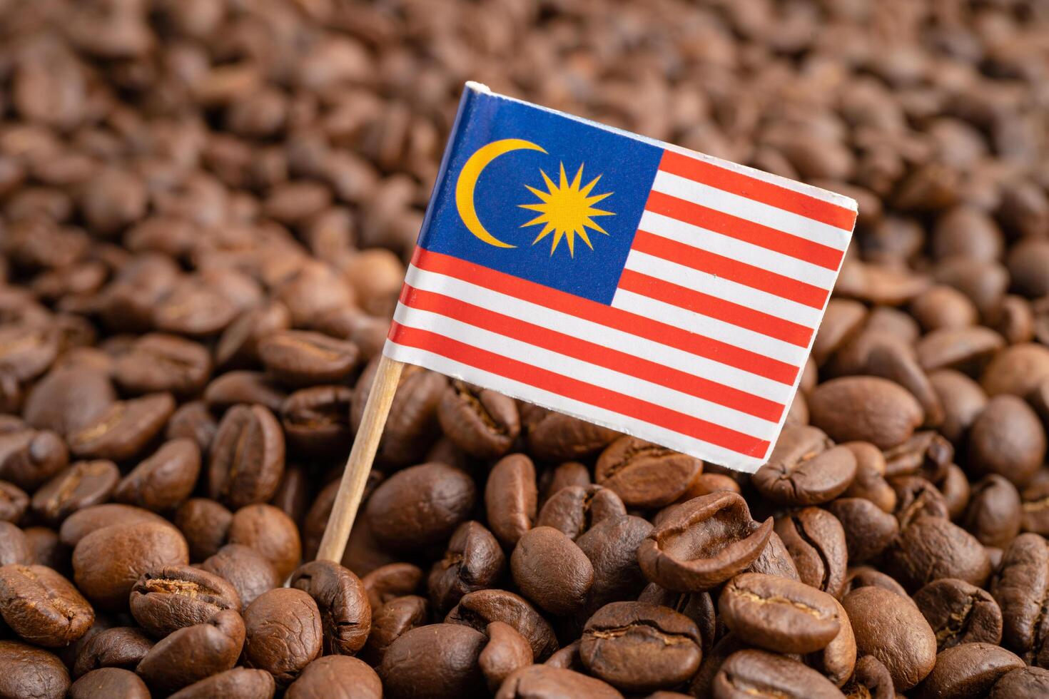 Malaysia flag on coffee bean, import export trade online commerce. photo