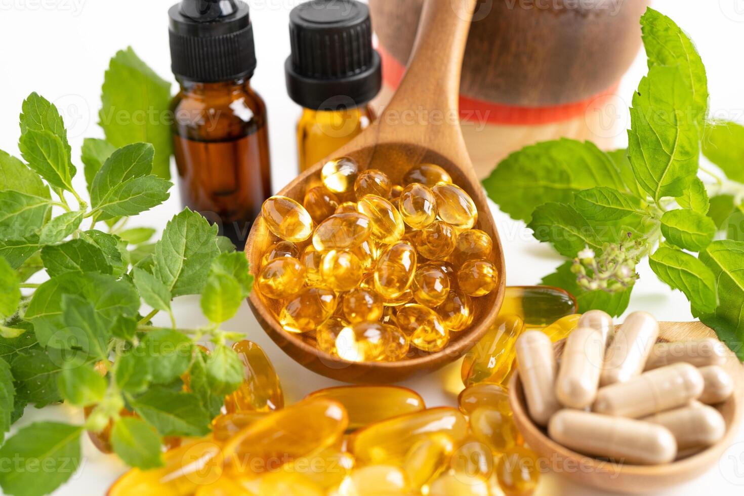 Fish oil vitamin with EPA and DHA,Alternative medicine herbal organic capsule with vitamin E omega 3. photo